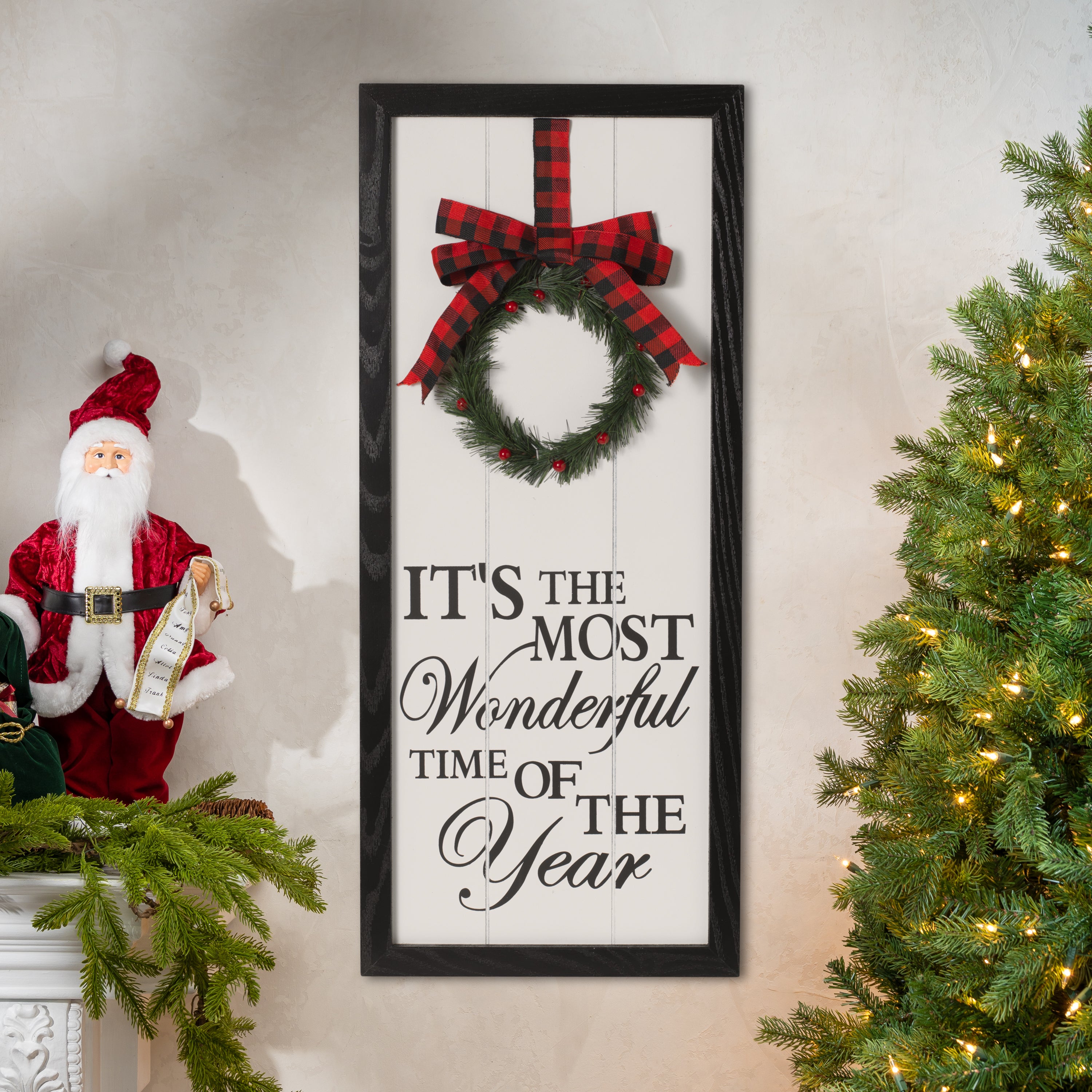 Storybook 27.5 in H Wood Holiday Sign with Pine Wreath and Bow Accents